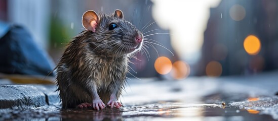 wet street rat sitting near curb With copyspace for text