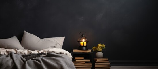 Contemporary loft bedroom with messy bed breakfast on tray and cozy living area With copyspace for text