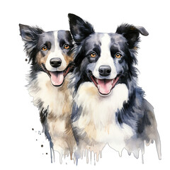 Two happy border collie dogs, isolated, transparent background. Watercolor illustration