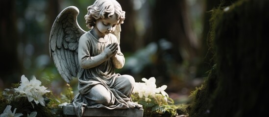 Prayerful cherub sculpted in a graveyard With copyspace for text - obrazy, fototapety, plakaty