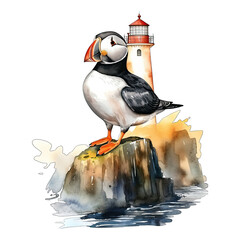 Puffin perched on a cliff by a lighthouse