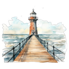 Fototapeta na wymiar Red lighthouse on the pier going out to the ocean, watercolor illustration, isolated on transparent background