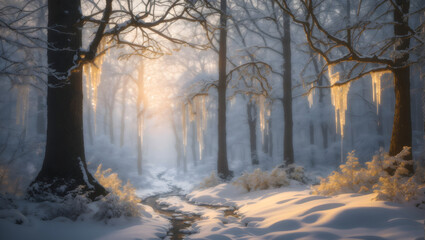 Winter Twilight in the Enchanted Forest Adorned with Ice
