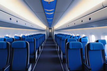 Interior of empty modern aircraft with blue flight seats and hallway in daytime during flight....