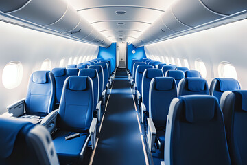 Interior of empty modern aircraft with blue flight seats and hallway in daytime during flight