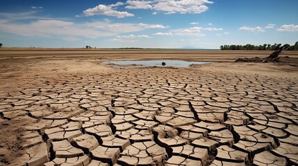 A landscape of dried lake. Drying lake because of extreme heat weather. Climate change effect.