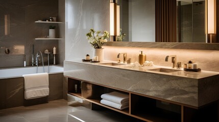 Fototapeta na wymiar luxurious bathroom with dual sink and marble table top
