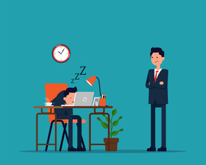 Exhausted office worker sleeping behind his desk while angry director is standing next. Vector creative flat design