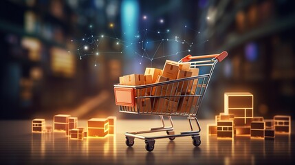Online shopping concept. Trolley and futuristic online shopping. Trolley full of goods with high tech background. 