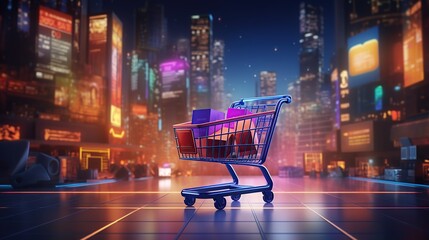 Online shopping concept. Trolley and futuristic online shopping. Trolley full of goods with high tech background.  - obrazy, fototapety, plakaty
