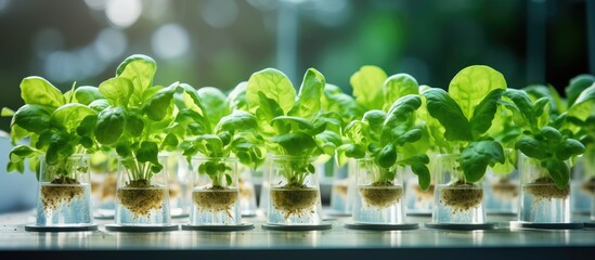 Advanced aquaponic and hydroponic technologies enable lab grown lettuce Genetic engineering research employed in lab testing for plant bioscience With copyspace for text - obrazy, fototapety, plakaty
