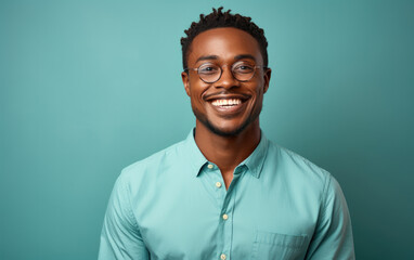 happy handsome fashion African American man smiling and wearing color cloth, solid light color background