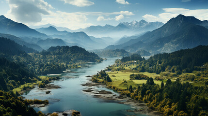 aerial view of Mountain landscape, lake and mountain range, large panorama. Generative AI