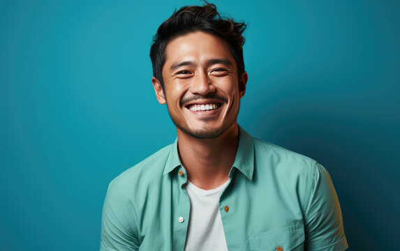 happy handsome fashion man smiling and wearing color cloth, solid light color background