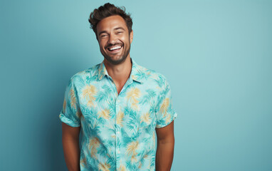 happy handsome fashion man smiling and wearing colorful flower pattern shirt, solid light color background - obrazy, fototapety, plakaty