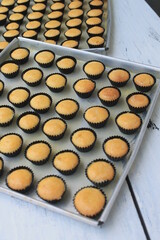 Rows of Indonesian cakes called nastar on a table ready to bake