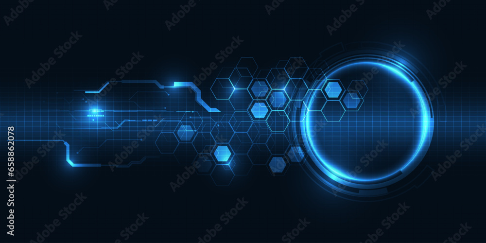Poster vector illustration of digital horizontal empty space with digital glowing element grid line and cir