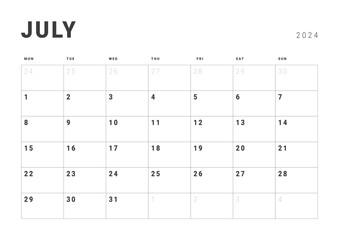 Monthly page Calendar Planner Templates of July 2024. Vector layout of simple calendar with week start Monday for print. Page for size A4 or 21x29.7 cm