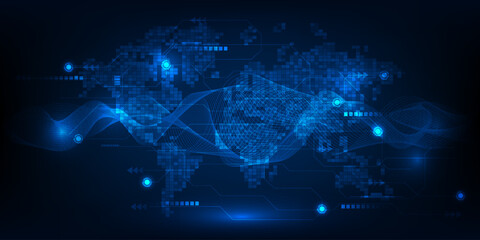Vector illustration of futuristic blue world map grid sector with distribute point light and wave wireframe.Digital communication technology concepts.