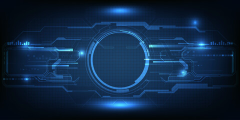 Vector illustrations of futuristic blue circle hud screen display with digital hi tech circuit pattern for product advertising and game artwork.Digital communication innovation and technology concepts