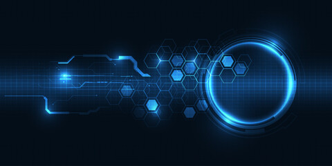 Fototapeta premium Vector illustration of digital horizontal empty space with digital glowing element grid line and circuit for advertising and game artwork background.