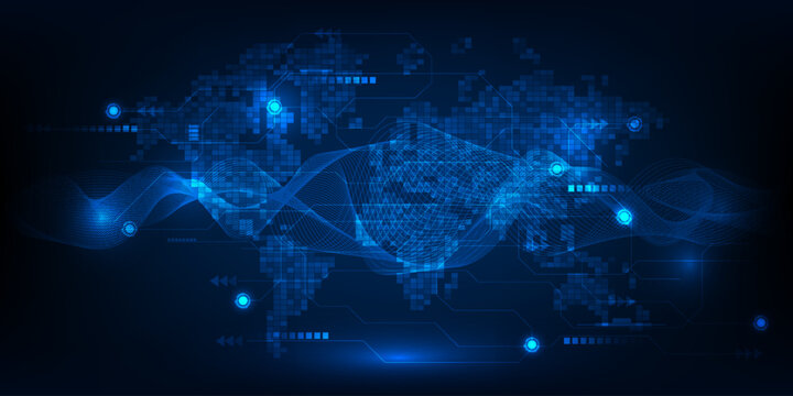 Vector illustration of futuristic blue world map grid sector with distribute point light and wave wireframe.Digital communication technology concepts.