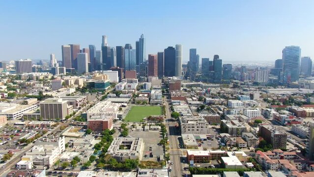 Cinematic Daytime Drone Footage of LA skyline and Dodger Stadium 