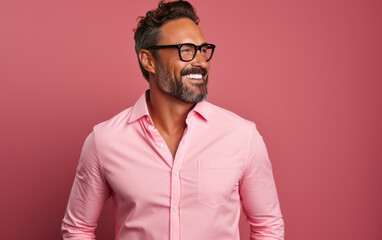 Obraz premium happy handsome fashion businessman smiling and wearing color shirt, solid light color background