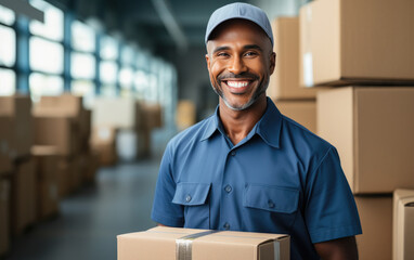 happy deliveryman employee smiling holding a box in a warehouse wearing Bright solid light cloth - obrazy, fototapety, plakaty