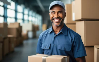 Foto op Canvas happy deliveryman employee smiling holding a box in a warehouse wearing Bright solid light cloth © hakule