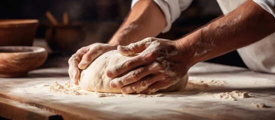 Bakers making homemade bread preparing dough on wooden table With copyspace for text
