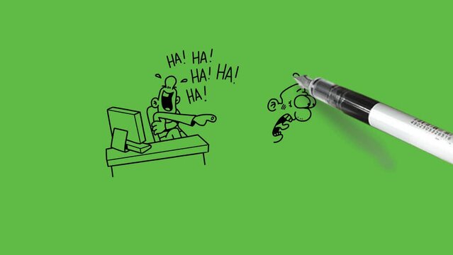draw cartoon character young men sit on adjustable office chair with computer place on table laughing loudly hahaha pointed index finger to other with black outline on abstract green screen background
