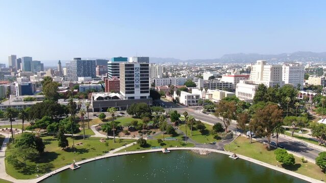 Cinematic Daytime Drone Footage of LA skyline and Dodger Stadium 