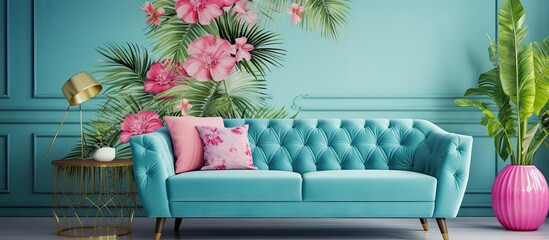 Floral living room with green plant pink chair and blue sofa adorned with wallpaper and poster With copyspace for text