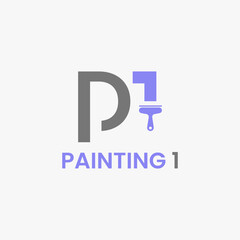 Painting logo with brush painting the letter P and number one. Suitable for use in interior, renovation and construction businesses.