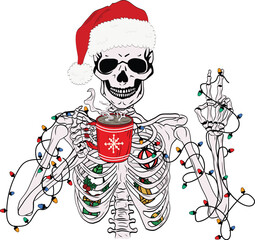 Christmas Skeleton Drinking Coffee with peace hand. Skeleton holding a coffee cup Xmas