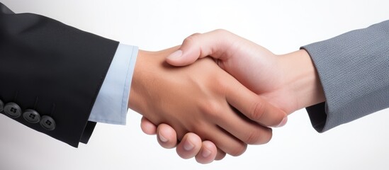 Successful trade agreement handshake by business partners With copyspace for text