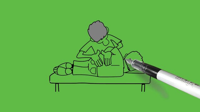 draw young man lay down on divan bed in side pose like patient, doctor examine to press his back with black outline on abstract green screen background  
