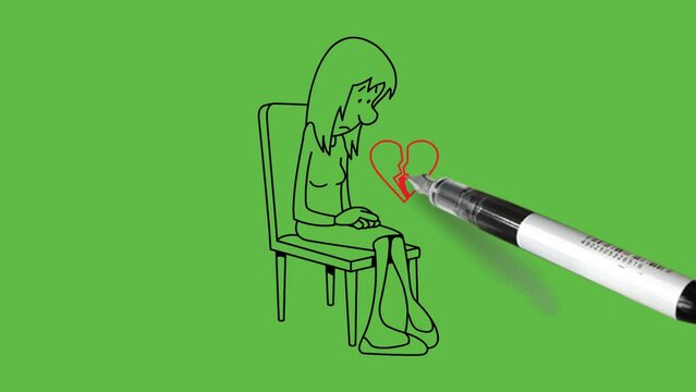 draw sad young girl sit on chair lean down head hold both hand together on lap with red broken heart sign with black outline on abstract green screen background
