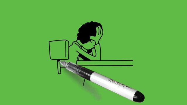 draw backside of young man sit on adjustable office chair lean down on computer table hold hand on head with support of elbow place on table with black outline on abstract green screen background
