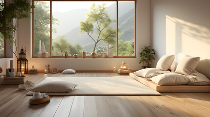 Zen yoga room, meditation, relaxation, living room