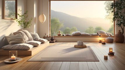 Zen yoga room, meditation, relaxation, living room - obrazy, fototapety, plakaty