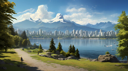 Fototapeta premium Stanley Park in Vancouver with the harbor and mountains in the distance