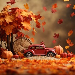 Naklejka na ściany i meble car in autumn background thanksgiving warm color 