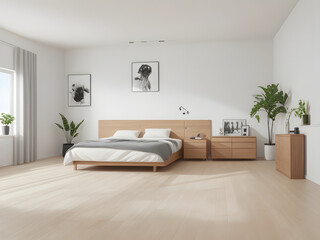 Decor in this bedroom is minimal but impactful. A strategically placed piece of artwork, a potted plant, or simple colors, adding a touch of personality. AI Generated