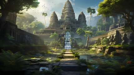 Angkor Wat in the middle of a tropical forest - obrazy, fototapety, plakaty