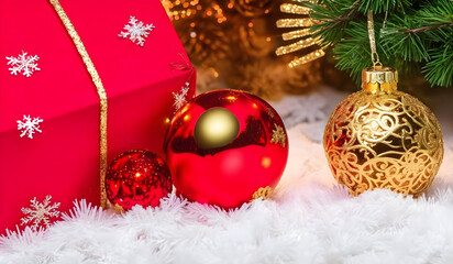 Red Christmas gift box and baubles on background golden lights