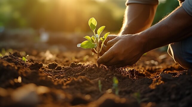 Close up shot hands farmer planting soybean plant seeds in field, business agriculture concept