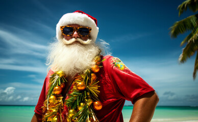 Santa Claus is wearing sunglasses, a red skirt and a big christmas necklace, enjoying tropical island with white sand beach and coconut trees
