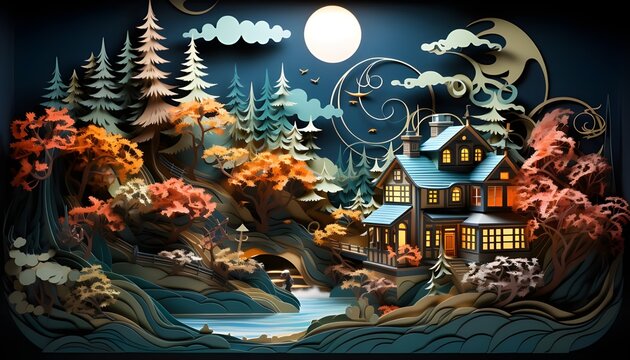 fairy tale house in the woods, paper cut